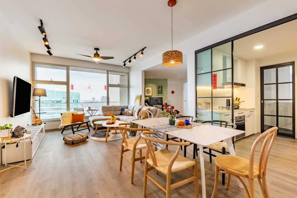 Scandinavian Dining Room with Drop Light and Dining Table