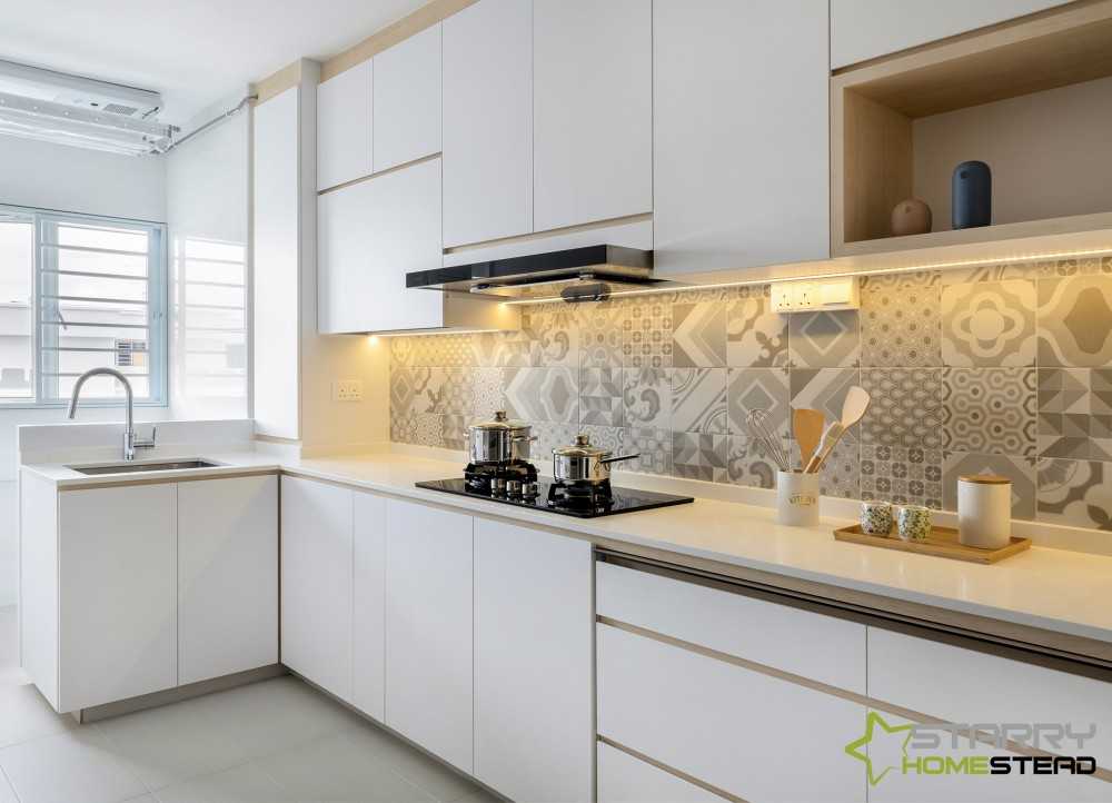 Scandinavian Kitchen with Cupboard and Refrigerator