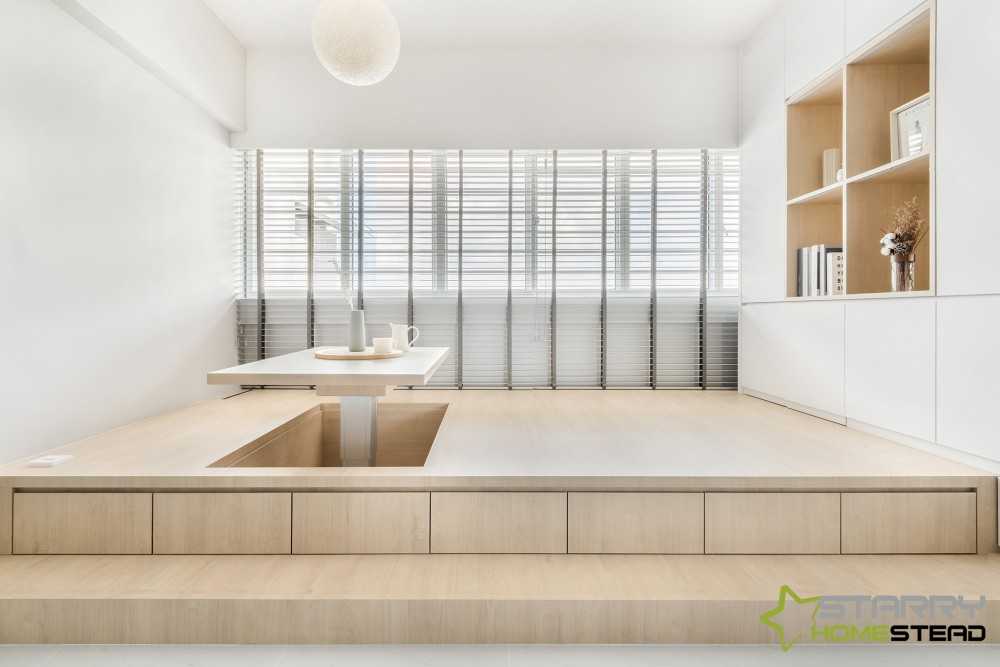 Scandinavian Living Room with Dining Table and Display Cabinets