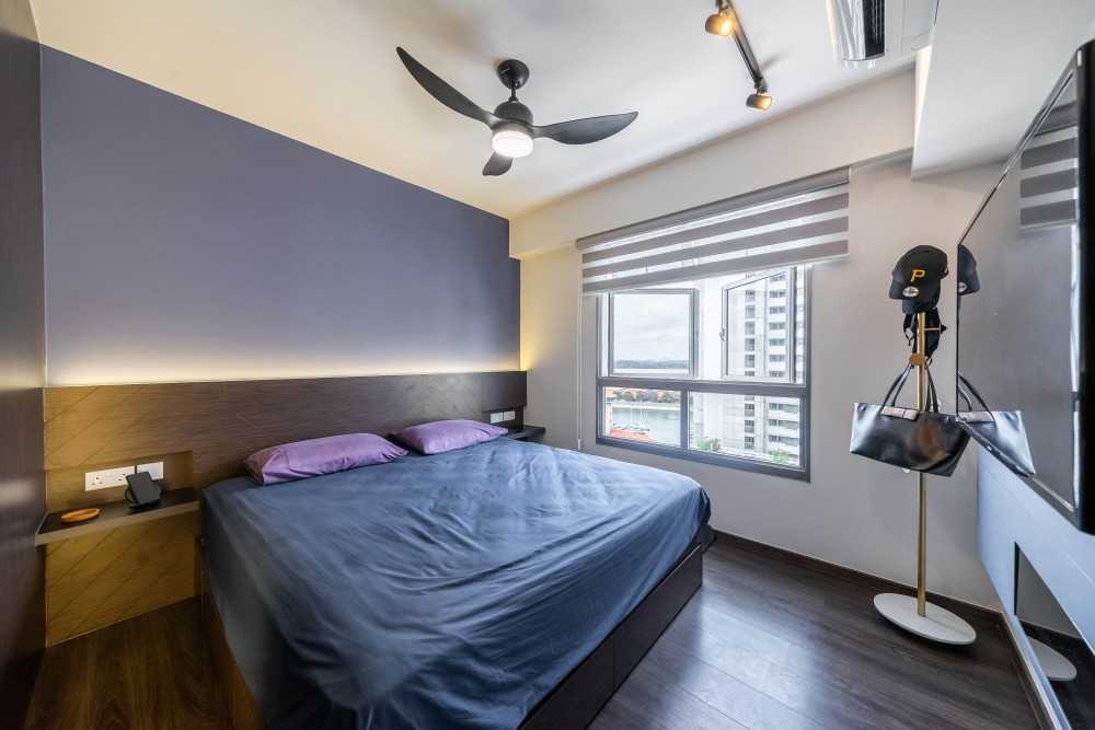 Modern Bedroom with Wood Flooring and Drop Ceiling