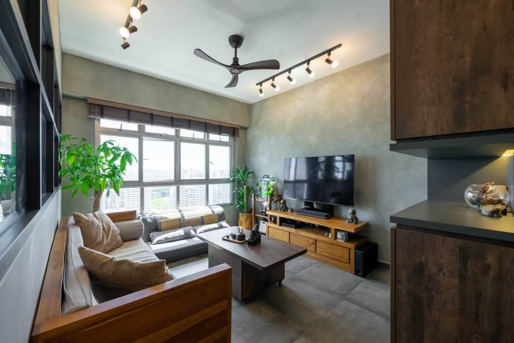 Industrial Living Room with Homogeneous Tiles and Wood Flooring