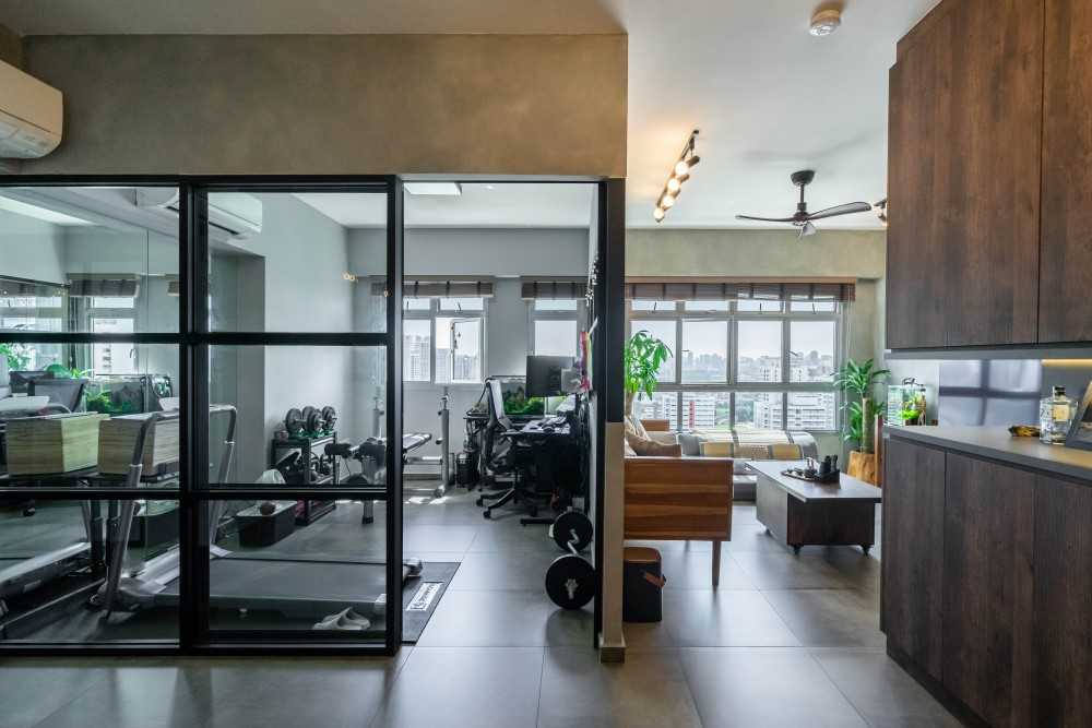 Industrial Living Room with Granite Floor and TV Console