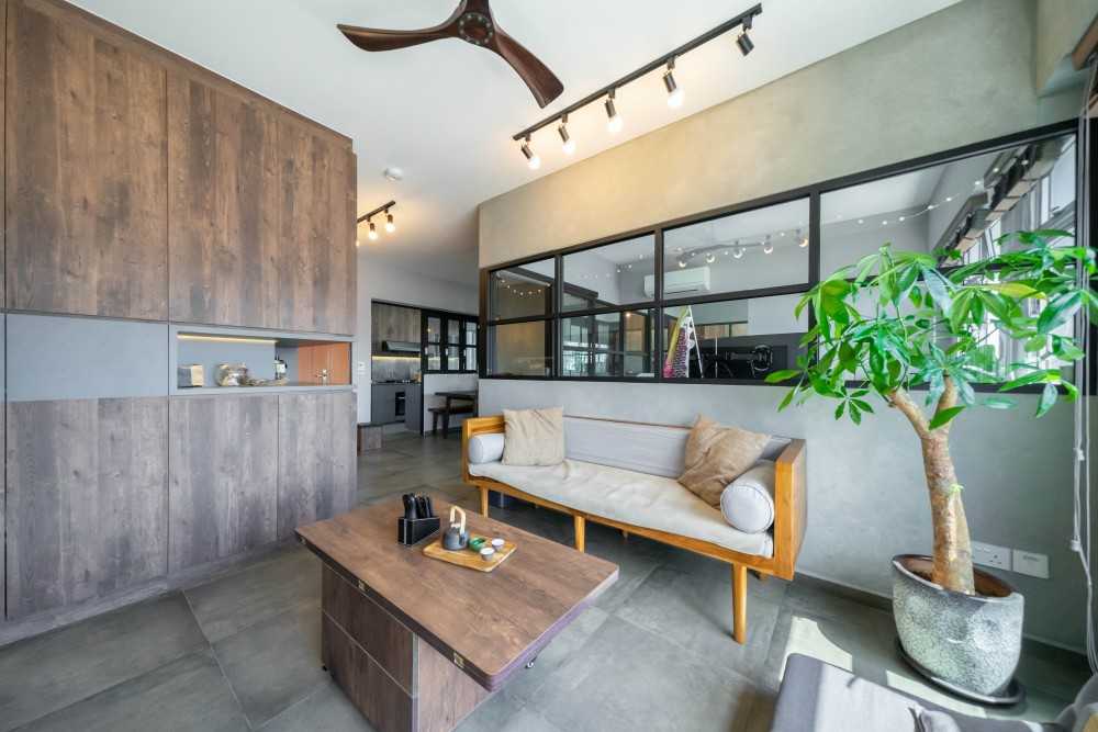 Industrial Living Room with Homogeneous Tiles and TV Console