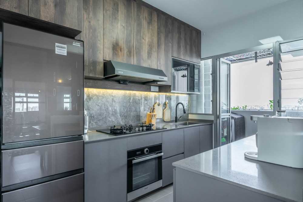 Industrial Kitchen with Homogeneous Tiles and Kitchen Window