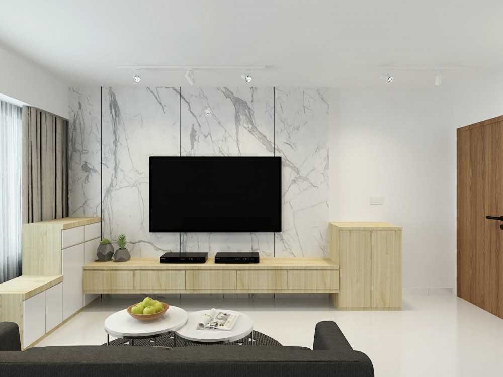 Contemporary Living Room with Homogeneous Tiles and TV Console