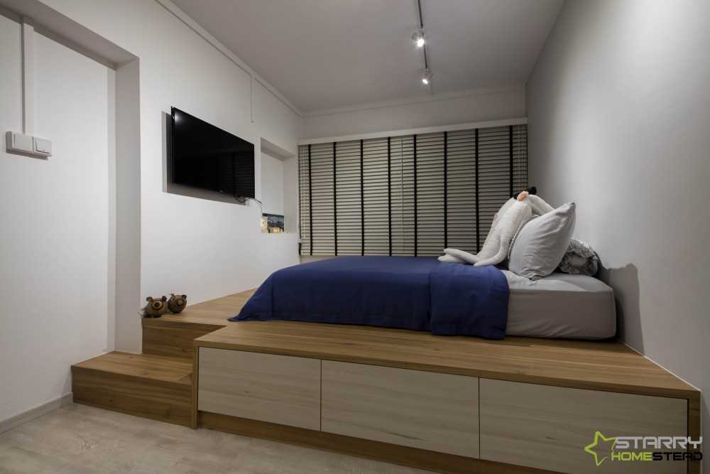 Scandinavian Bedroom with Platform Bed and TV