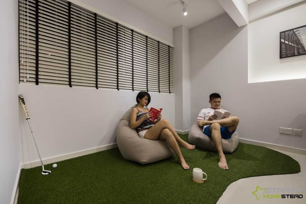 Scandinavian Dining Room with Window Shutters and Bean Bag