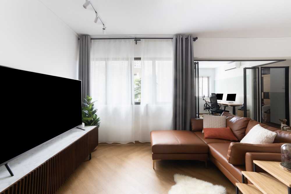 Scandinavian Living Room with Wood Flooring and TV Console