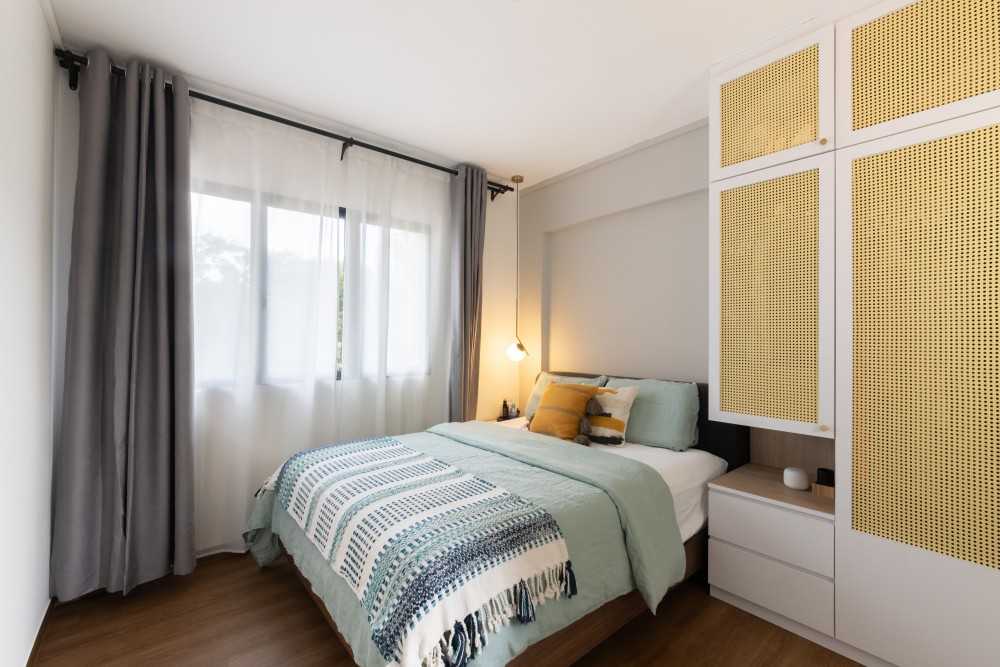 Scandinavian Bedroom with Wood Flooring and Wardrobe