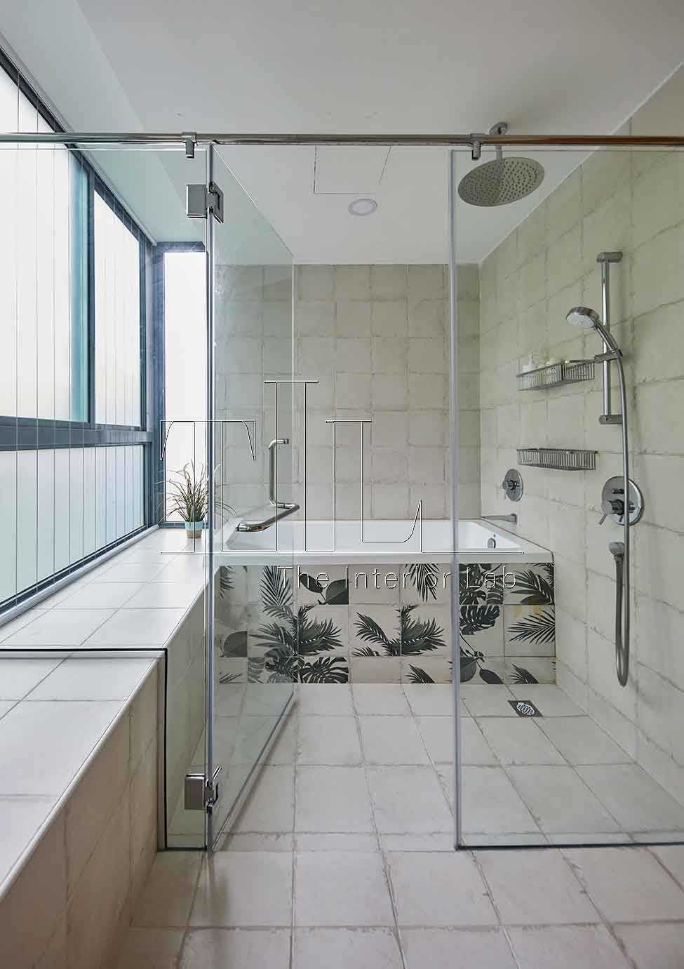 Country Bathroom with Glass Door and Bathtub