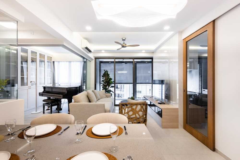 Minimalist Dining Room with Ceiling Light and Dining Table
