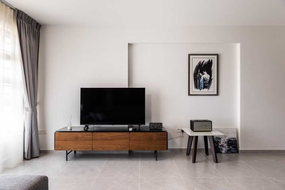 Contemporary Living Room with TV Console and Curtain