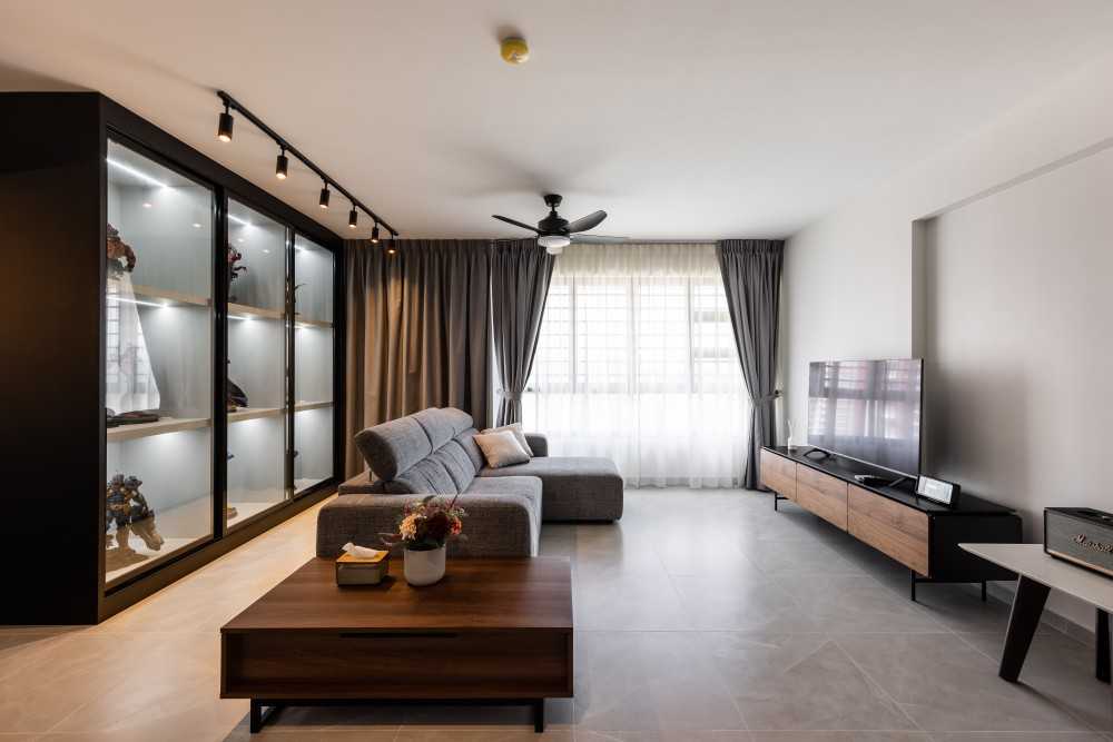 Contemporary Living Room with TV Console and Curtain