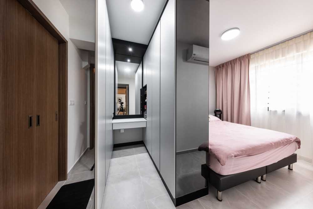 Contemporary Bedroom with Mirror and Ceiling Light