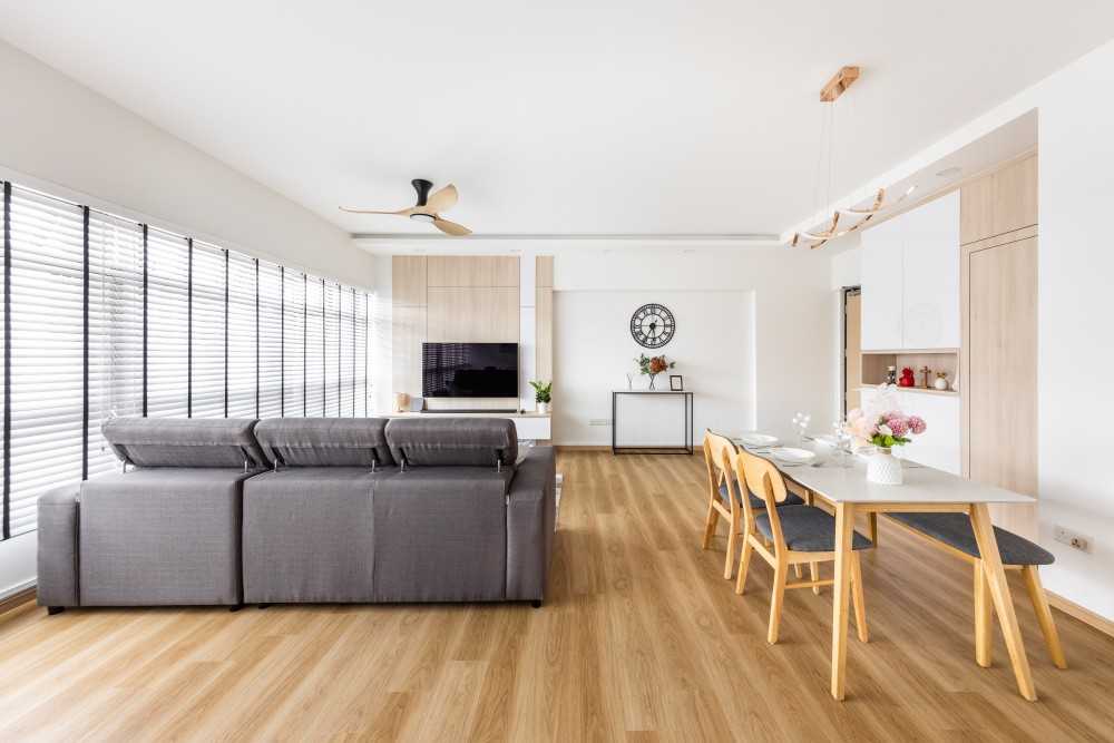 Scandinavian Living Room with Ceiling Fan and Dining Table