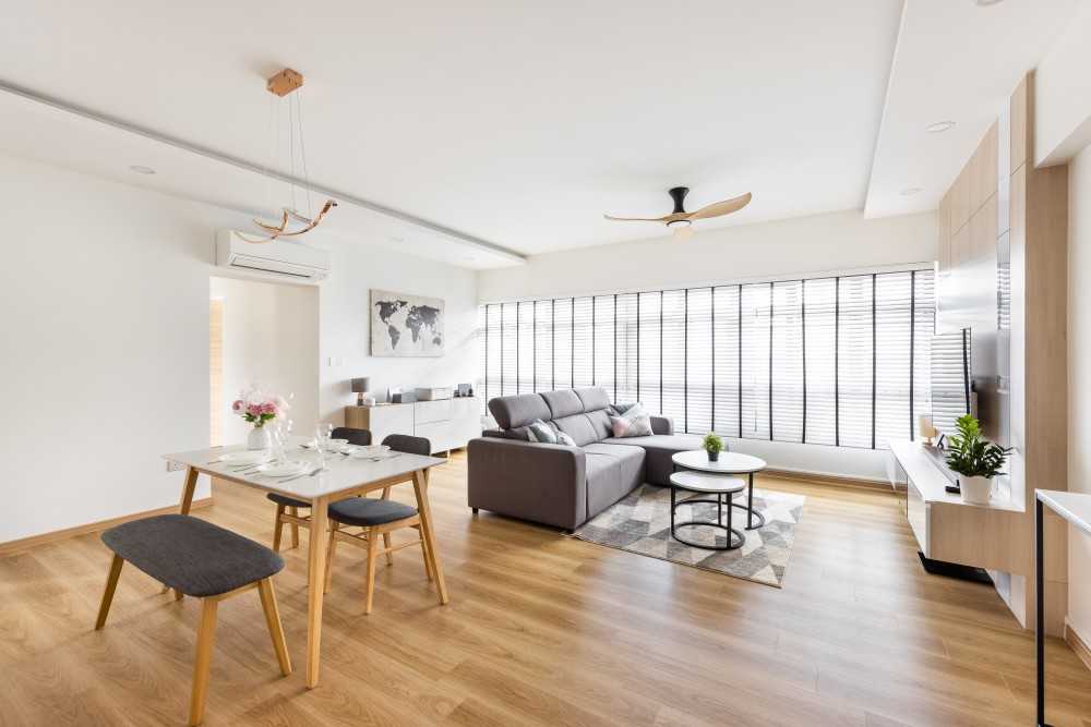 Scandinavian Living Room with Feature Wall and Ceiling Fan