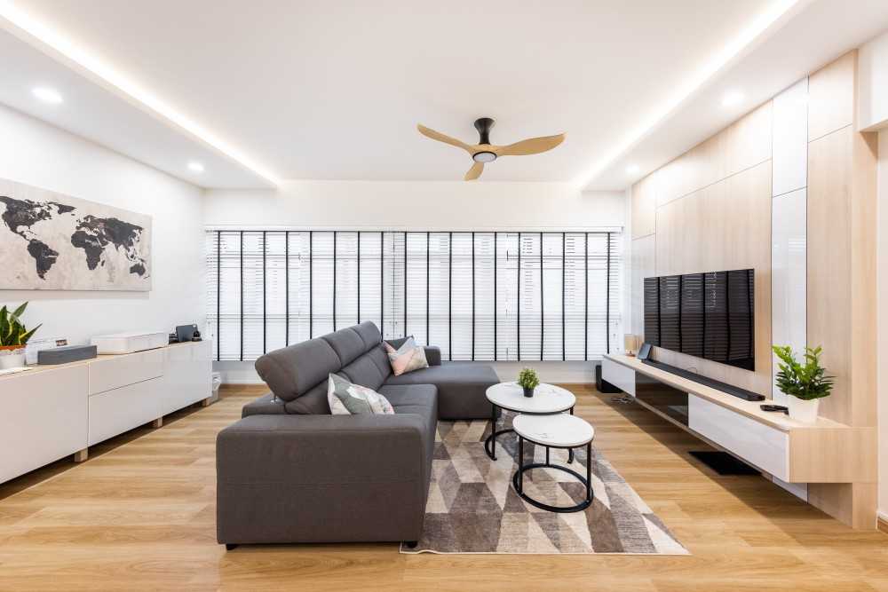 Scandinavian Living Room with TV Console and Feature Wall