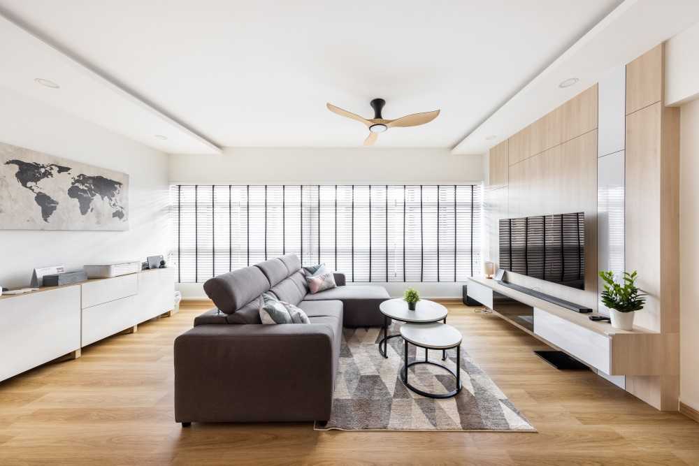 Scandinavian Living Room with TV Console and Feature Wall