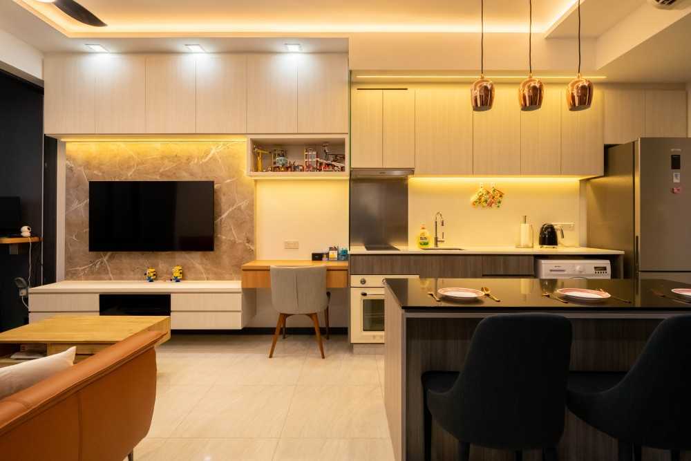 Modern Living Room with Homogeneous Tiles and Feature Wall