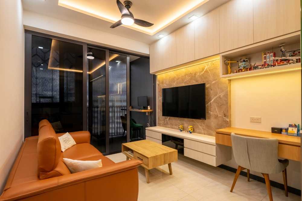 Modern Living Room with Homogeneous Tiles and Sofa