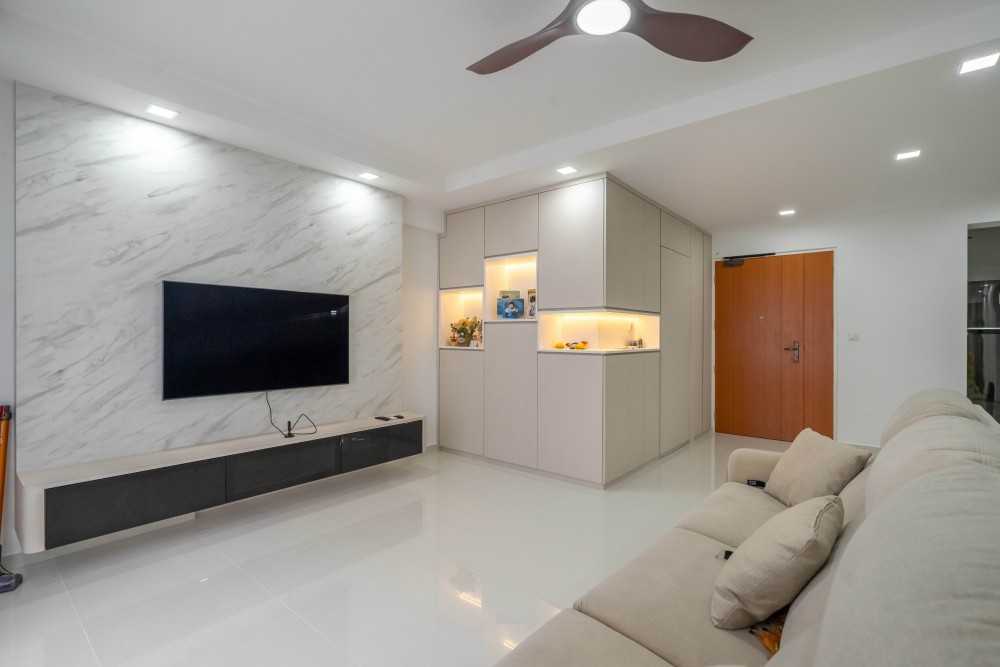 Minimalist Living Room with Drop Ceiling and Ceiling Light