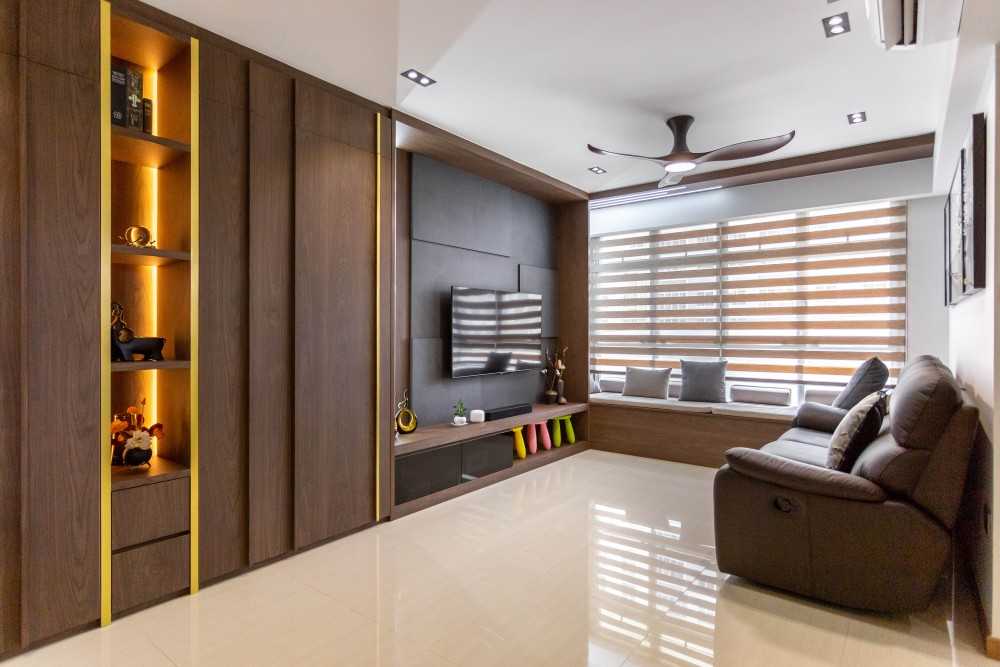 Modern Living Room with Homogeneous Tiles and TV Console