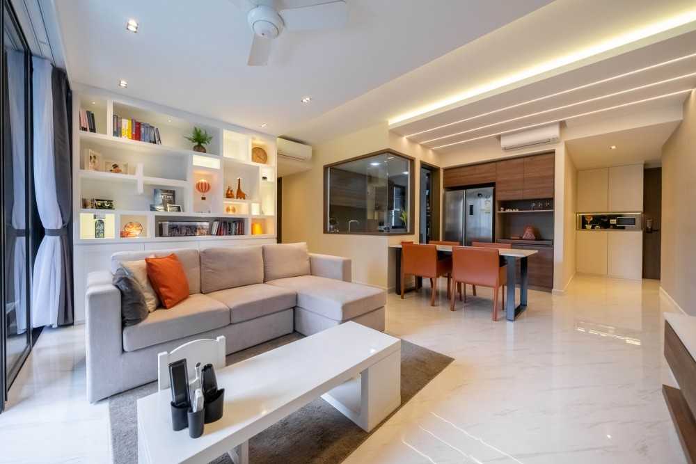 Modern Living Room with Homogeneous Tiles and TV Console