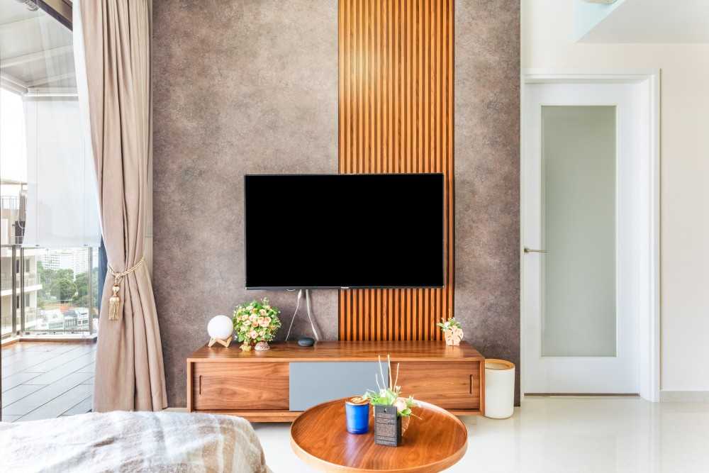 Asian Living Room with Marble Floor and TV Console