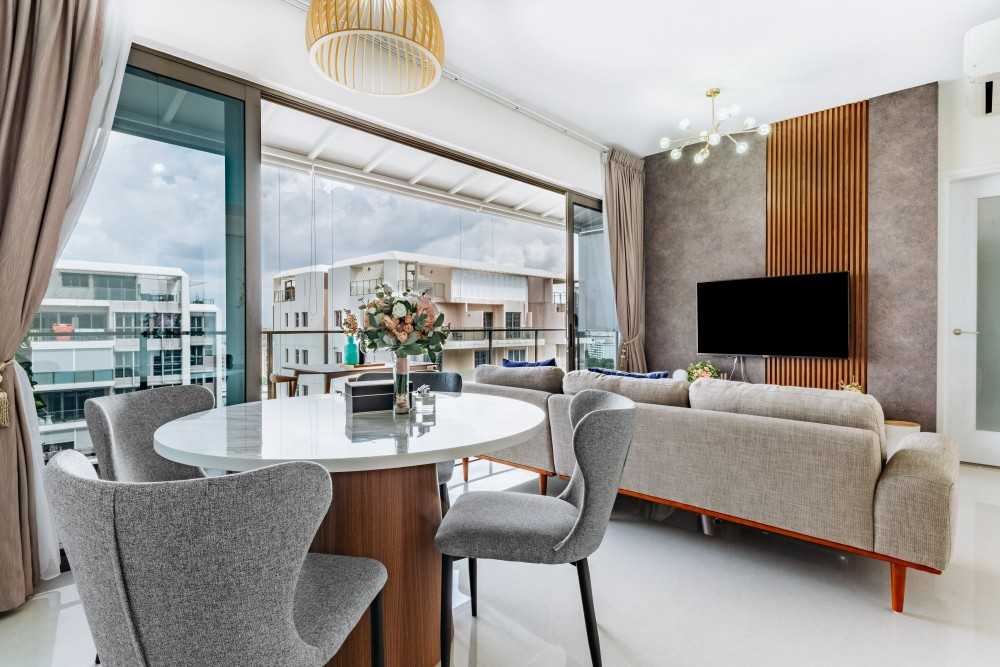 Asian Living Room with Marble Floor and TV Console