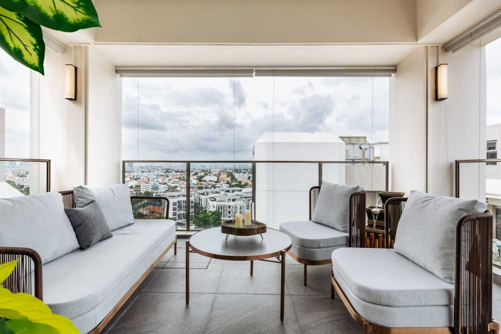 Asian Balcony with Window Seat and Window Shutters