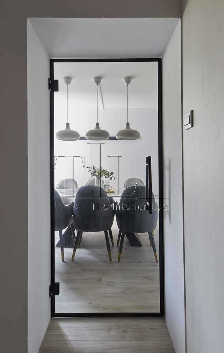 Contemporary Dining Room with Vinyl Flooring and Glass Door
