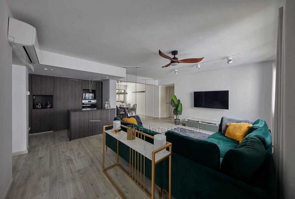 Contemporary Living Room with Vinyl Flooring and Kitchen Island