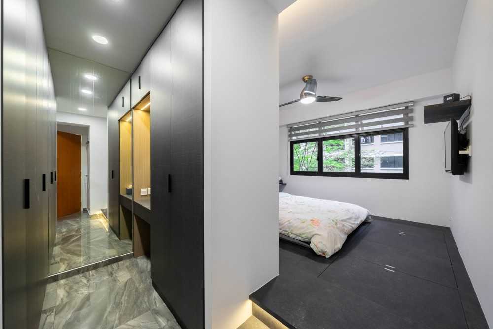 Contemporary Bedroom with Platform Bed and Homogeneous Tiles