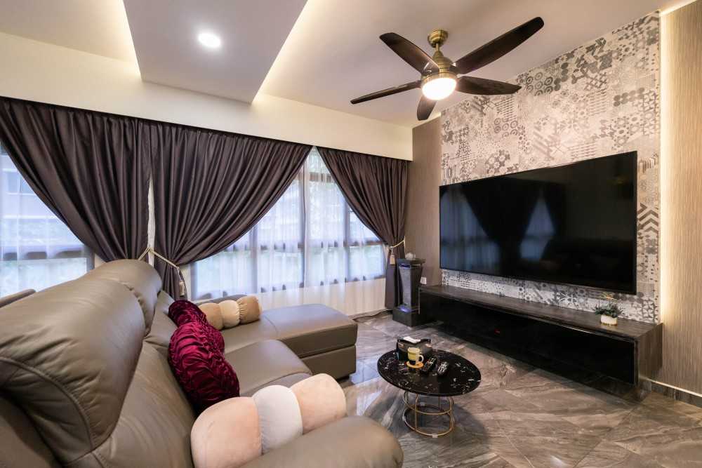 Contemporary Living Room with Marble Floor and TV Console