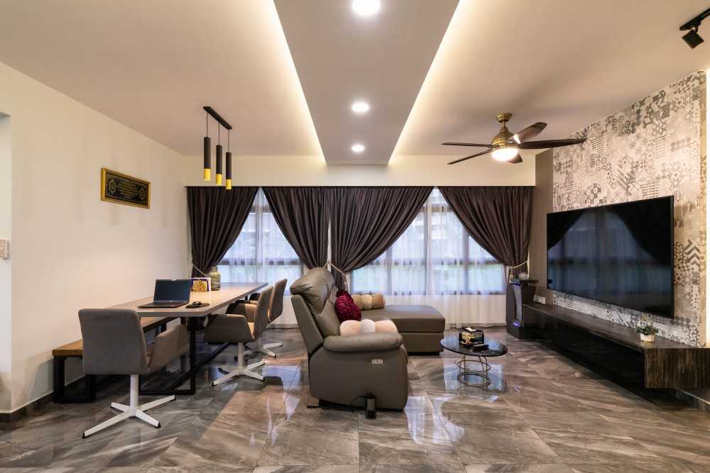 Contemporary Living Room with Herringbone Tiling and Marble Floor