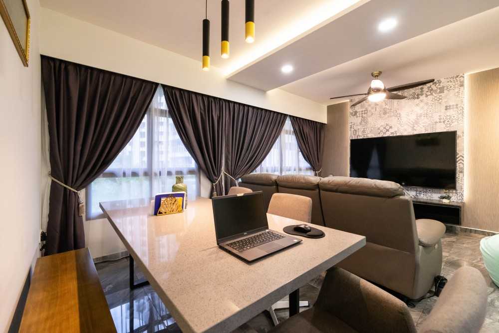 Contemporary Dining Room with Cove Lighting and Drop Ceiling