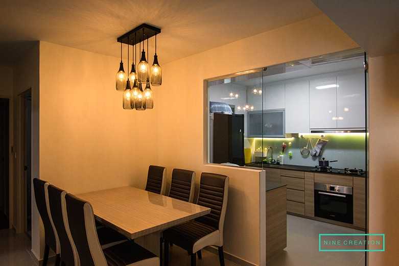 Modern Dining Room with Dining Table and Kitchen Cabinets