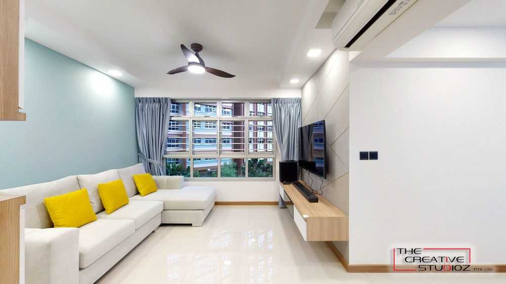 Scandinavian Living Room with TV Console and Feature Wall