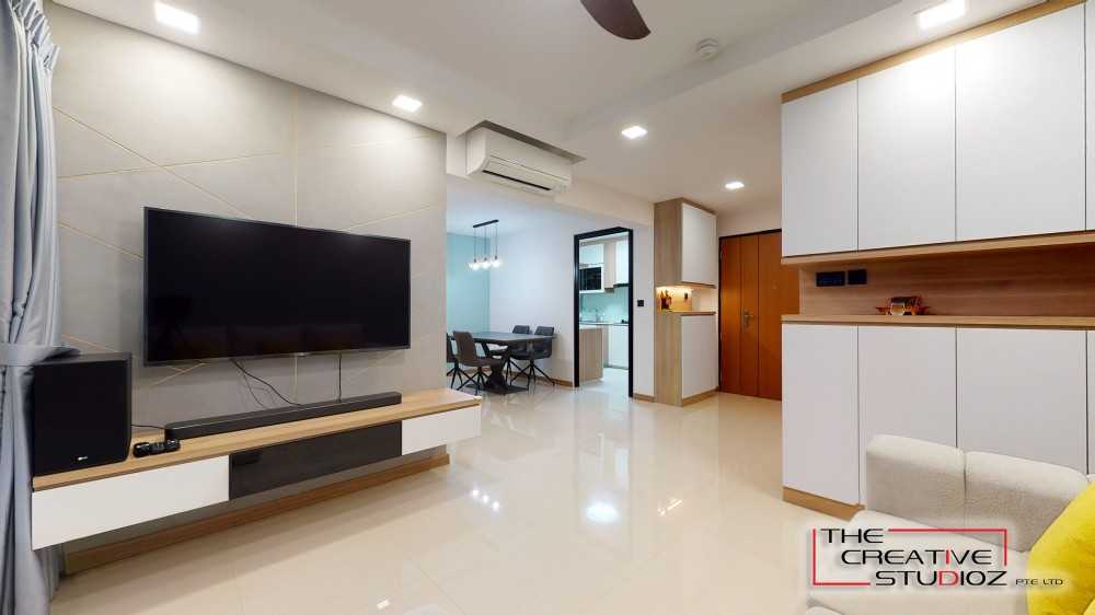 Scandinavian Living Room with TV Console and Feature Wall