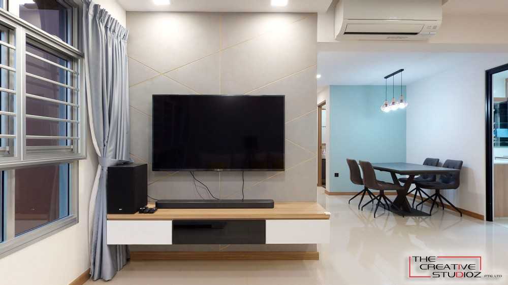 Scandinavian Living Room with TV Console and Feature Wall