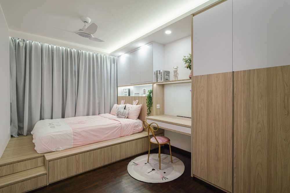 Scandinavian Kids Room with Bookshelf and Platform Bed