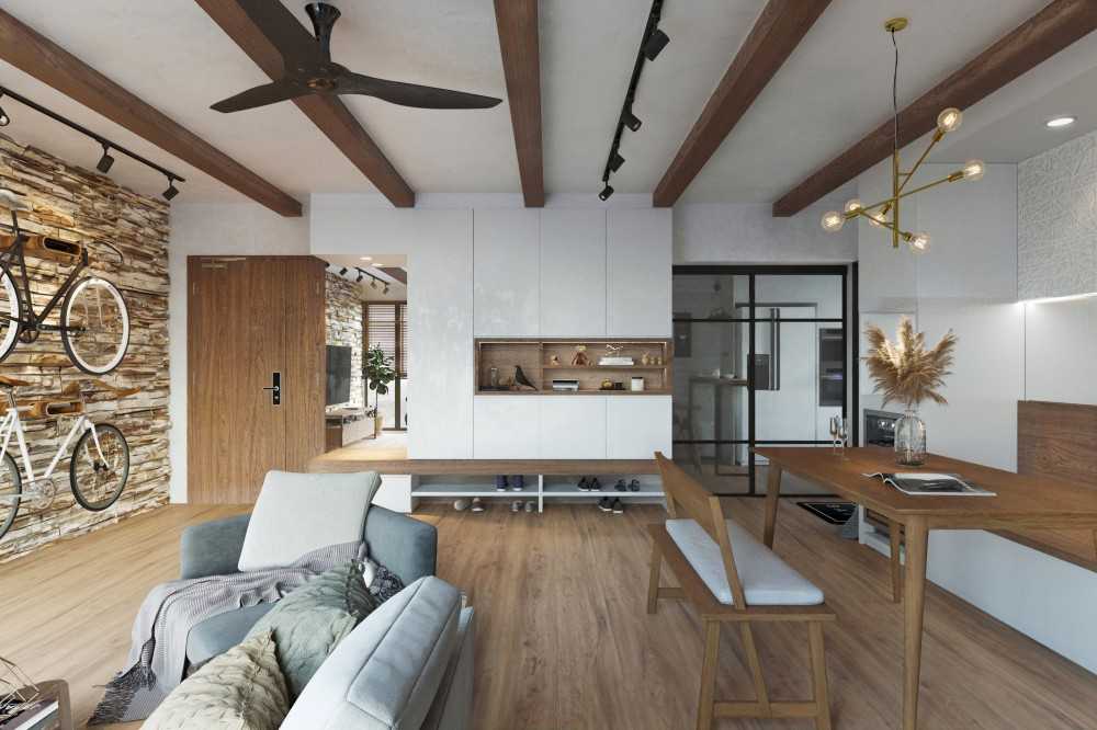 Country Living Room with Vinyl Flooring and Feature Wall