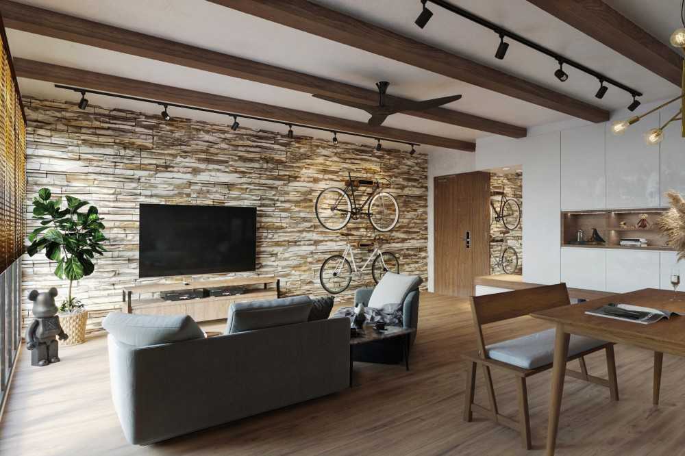 Country Living Room with Vinyl Flooring and Feature Wall