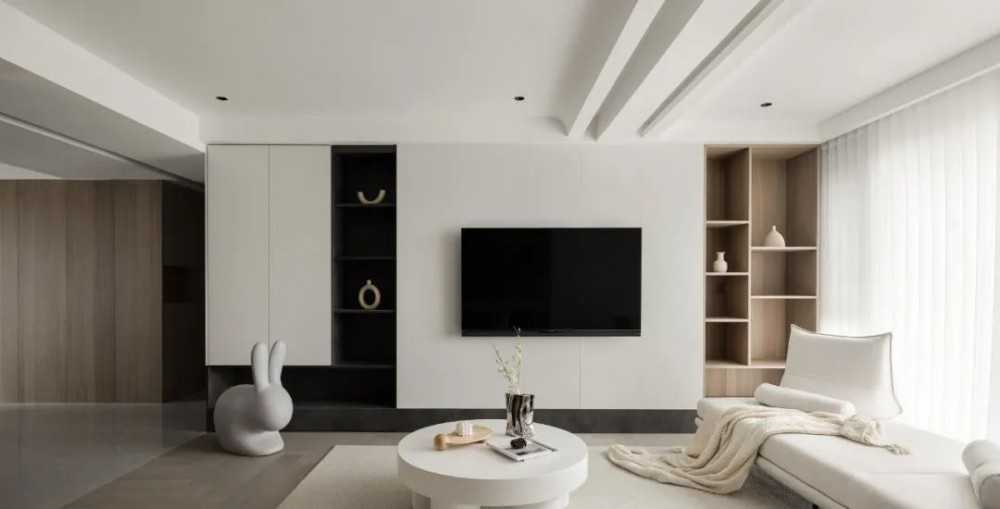 Contemporary Living Room with Homogeneous Tiles and Feature Wall