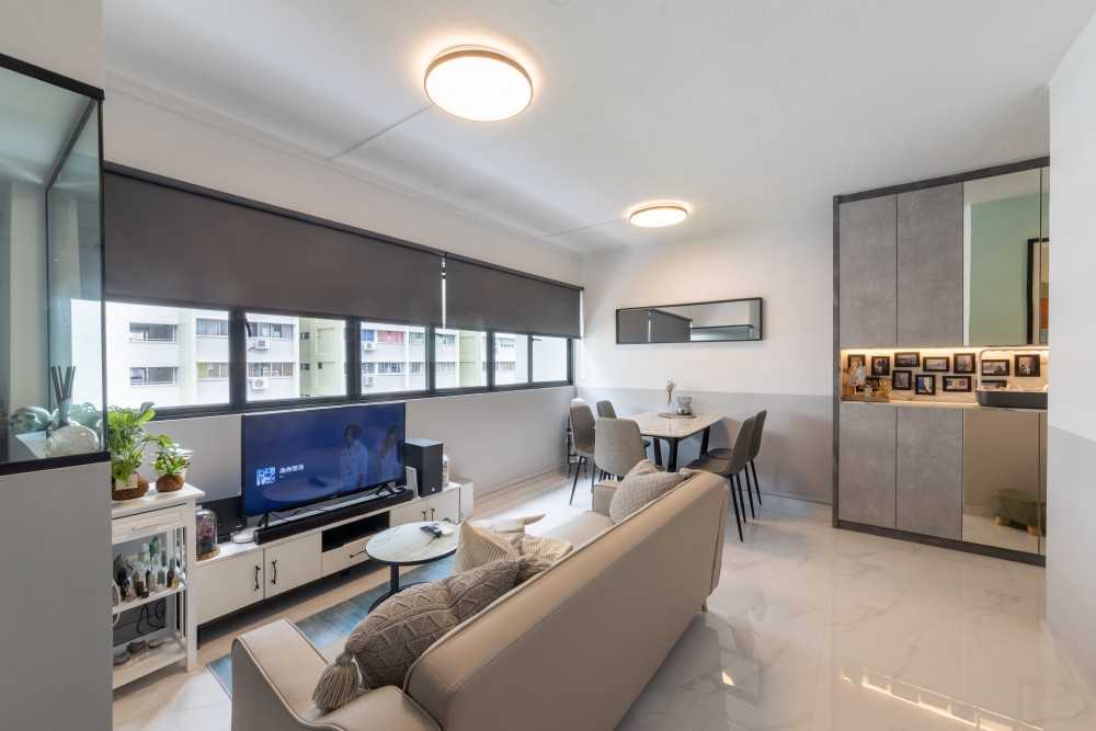 Modern Living Room with Marble Floor and TV Console