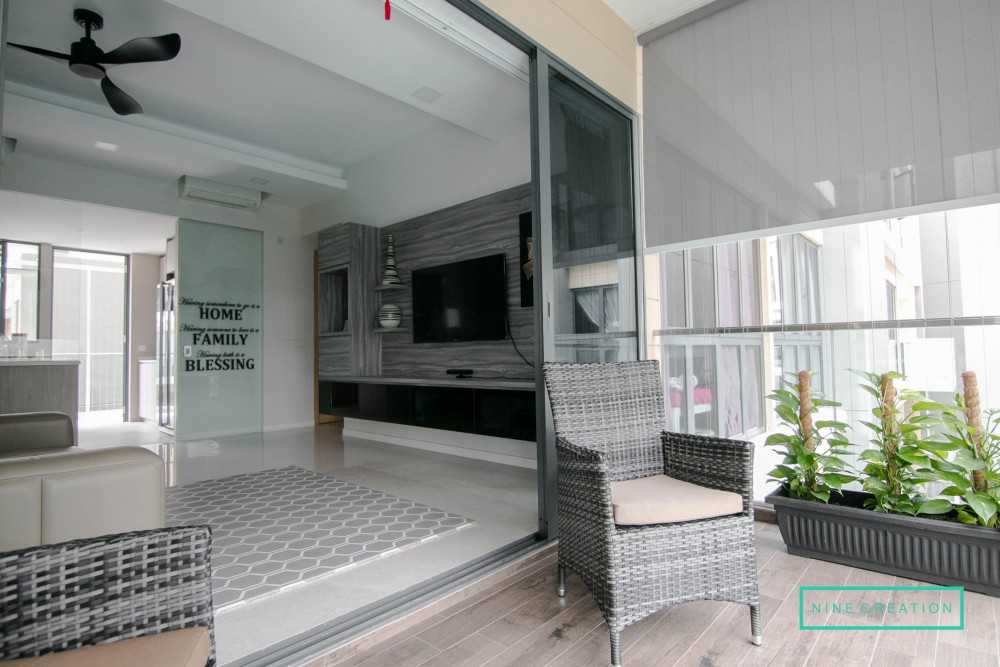 Contemporary Balcony with TV Console and Cove Lighting