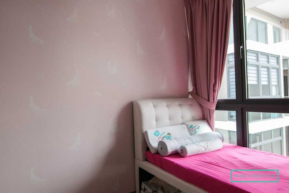 Contemporary Bedroom with Bay Window and Drop Ceiling
