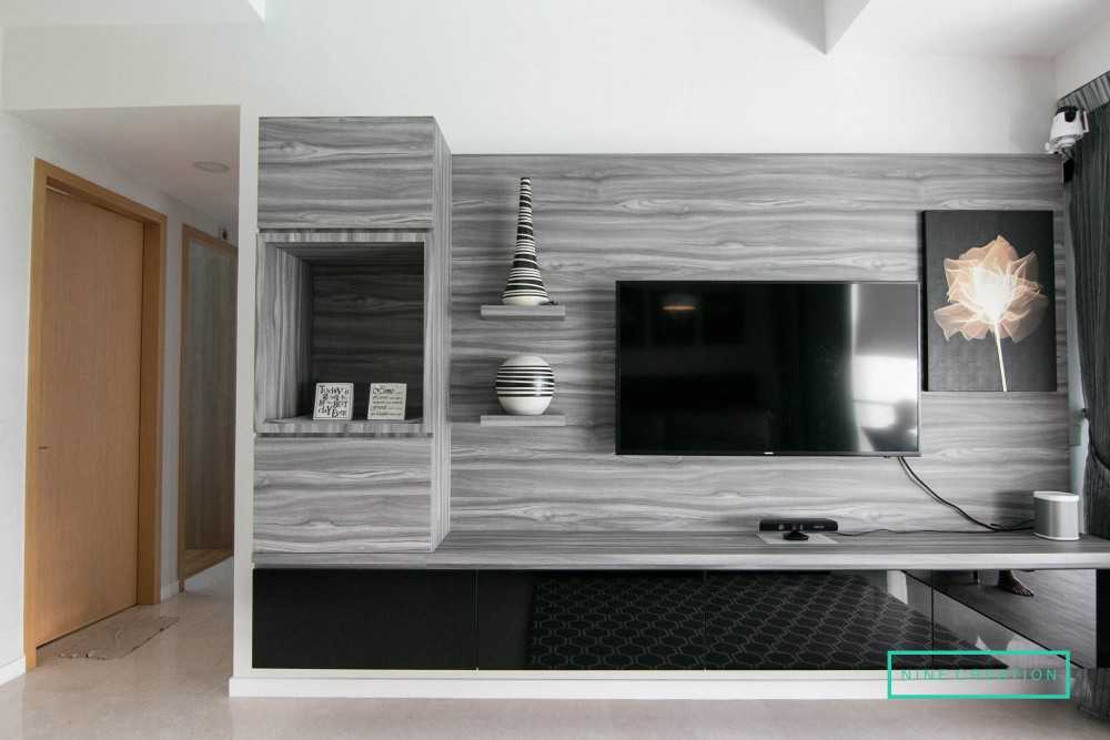 Contemporary Living Room with Homogeneous Tiles and TV Console