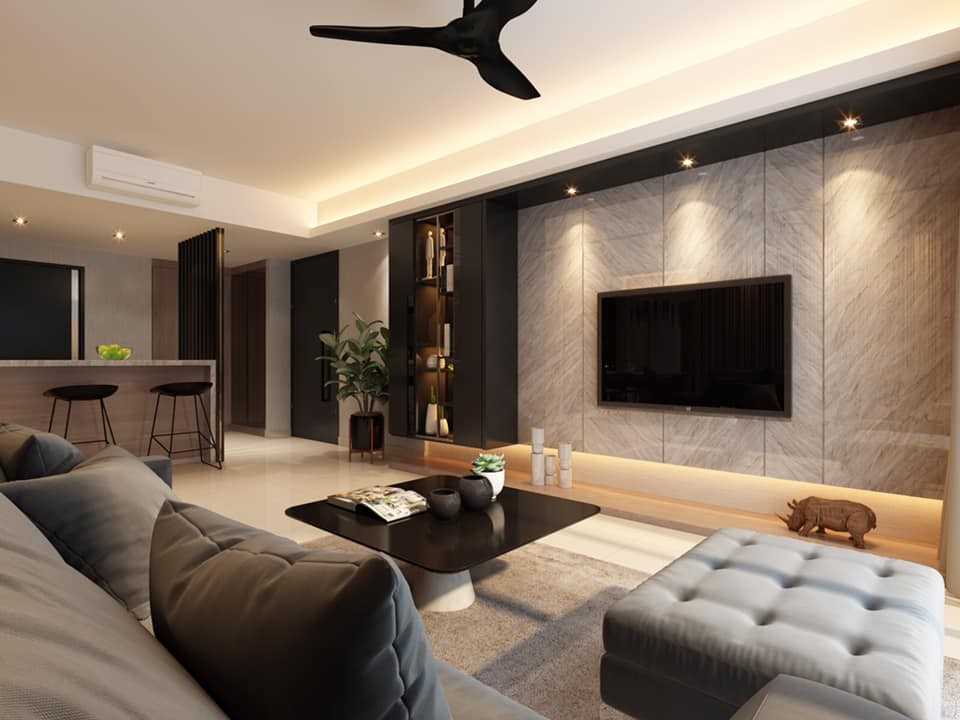 Contemporary Living Room with Homogeneous Tiles and TV Console