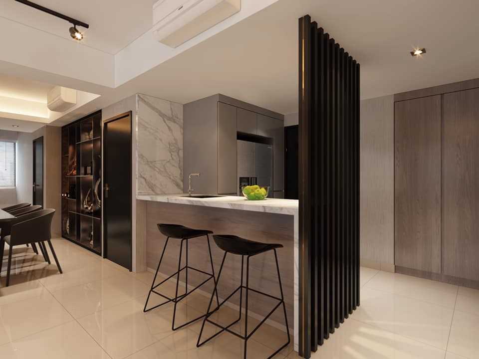 Contemporary Kitchen with Homogeneous Tiles and Kitchen Island